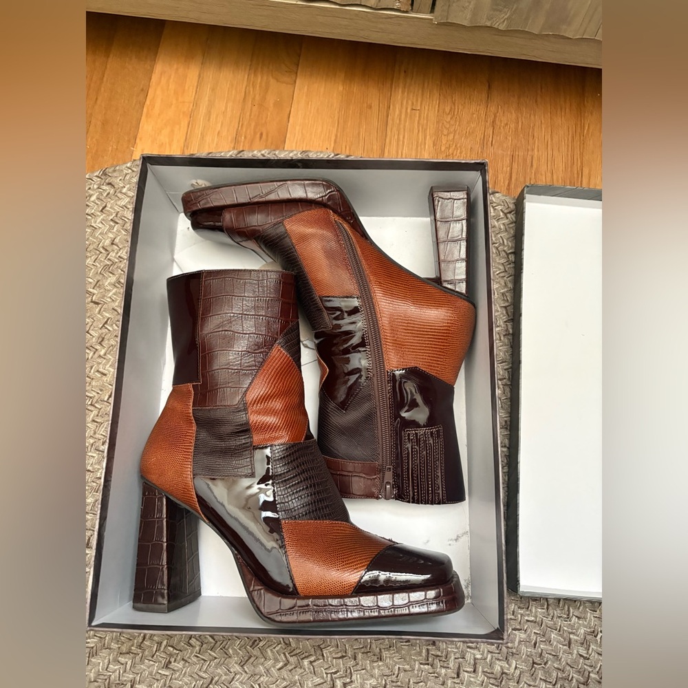 JEFFREY CAMPBELL Maximal Lo Platform Bootie In Dark Brown Combo Leather
